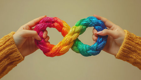 Two hands holding a rainbow infinity symbol beige background closeup symbolic and heartfeltの素材