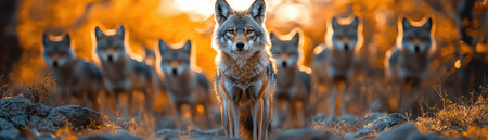 Pack of coyotes standing on rocky terrain, sunset casting warm hues on the sceneの素材