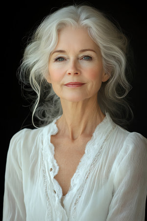 Poised elderly woman in white blouse, soft background, natural light, serene expression, closeup portraitの素材
