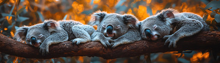 Three koalas sleeping on a tree branch in a eucalyptus forest, soft natural light, closeupの素材