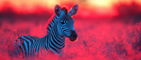 Zebra in neonlit environment, vibrant and surreal colors, fantasy wildlife portraitの素材