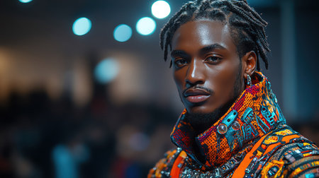 Smart Man model on a runway wearing a scifi outfit, blending bold colors and intricate patterns, spotlight highlighting the lookの素材