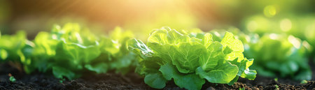 Lettuce growing in garden beds, bathed in sunlight, representing fresh, organic gardeningの素材