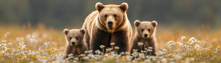 Mother bear and two cubs strolling through a meadow with tall grass, focused and protectiveの素材