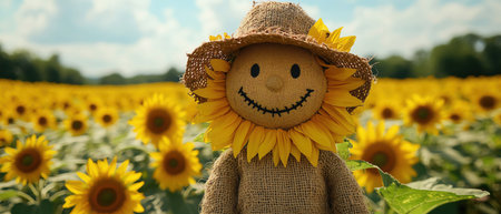 Smiling scarecrow in a sunflower field, bright sunny day, cheerful and warm atmosphereの素材
