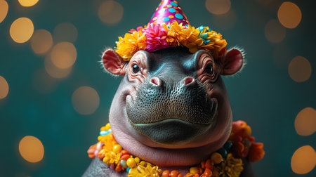 Smiling hippo with a party hat, colorful bead necklace, green background, festive moodの素材