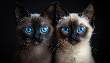 Siamese cats with piercing blue eyes posing together against a dark studio background, frontfacing shotの素材