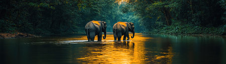 Elephants walking along a stream in a lush green forest, peaceful and serene, back viewの素材
