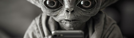 Shocked alien holding a smartphone, large eyes, grayscale background, surprised reactionの素材