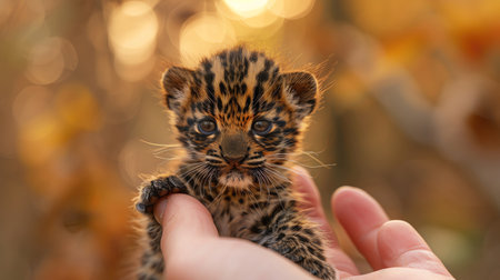 Tiny baby leopard sitting on a fingertip, adorable and delicate, with a warm, golden backgroundの素材