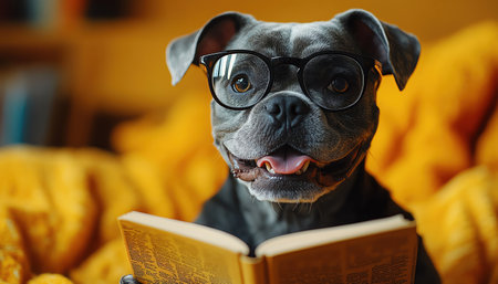 A dog with oversized glasses excitedly reading a book, set against a yellow backgroundの素材