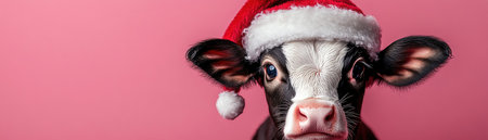 Adorable calf wearing a Santa hat standing against a pink background, closeupの素材