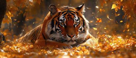 A tiger resting in a sundappled forest, surrounded by golden leaves, tranquil and majesticの素材