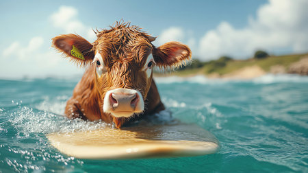 A cow casually riding a surfboard on a clear turquoise sea under a sunny skyの素材