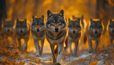 A pack of wolves walking in unison down a forest path, with dramatic lighting and motion blur, frontal shotの素材
