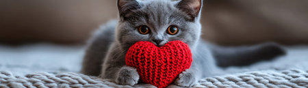 Adorable gray cat holding a red knitted heart, exuding cuteness and affection against a simple backdropの素材