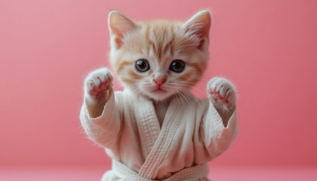 An adorable kitten dressed in a karate outfit, striking a martial arts pose on a pink backdropの素材