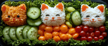 Bento box with catshaped rice balls, fresh veggies, overhead shot, detailed and colorfulの素材