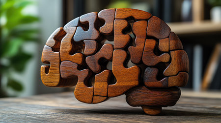 A wooden brain puzzle assembled on a table with a textured dark backgroundの素材