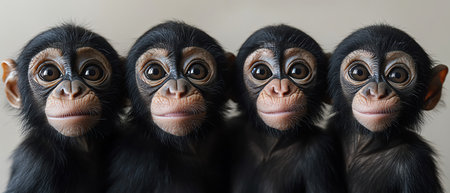 A group of monkeys posing against a white background, each with unique expressions, closeupの素材