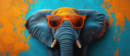 Elephant with orange sunglasses, vibrant background, playful vibe, closeup portraitの素材