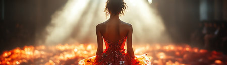Fashion model in floral gown on runway, back view, soft spotlight, luxurious fabric, elegant movement, high fashion ambianceの素材