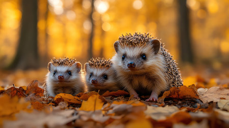 Hedgehog family gathered together on a forest floor surrounded by autumn leaves, soft focusの素材
