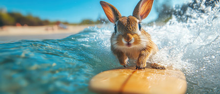 Rabbit on surfboard riding ocean wave under sunny skyの素材