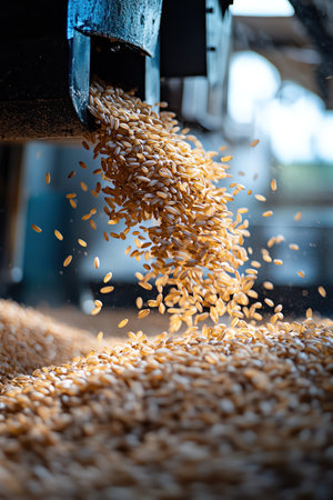 Rice grains falling from a machine into a large container at a processing facilityの素材