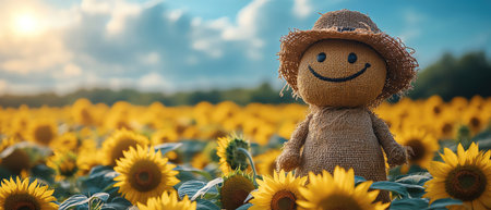 Smiling scarecrow in a sunflower field, bright sunny day, cheerful and warm atmosphereの素材