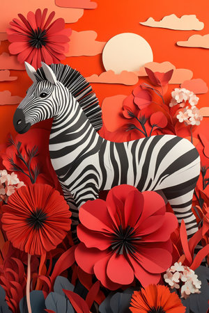 Paper zebra among large red flowers, orange sky, stylized sunset, playful and vibrant sceneの素材