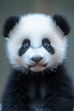 Adorable baby panda sitting against a light blue background, looking playful and cuteの素材