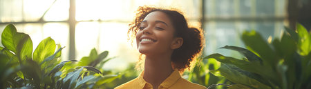 Woman smiling in a greenhouse, surrounded by lush plants, symbolizing sustainable farming and growthの素材