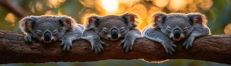 Three koalas sleeping on a tree branch in a eucalyptus forest, soft natural light, closeupの素材