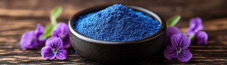 Bowl of vibrant blue butterfly pea powder, surrounded by purple flowers, on a dark wooden tableの素材