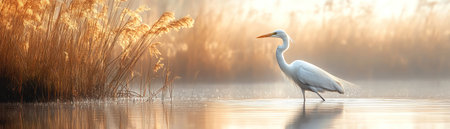 A white heron wading in a calm marsh, golden reeds, and soft reflections in the waterの素材