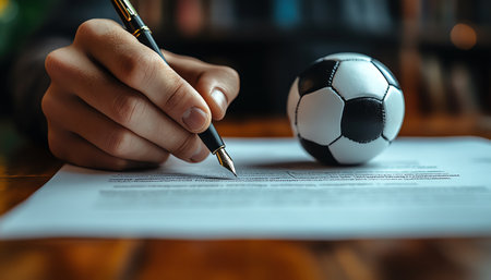 A businessman signing a document with a pen, a small soccer ball on the desk, focus on handsの素材