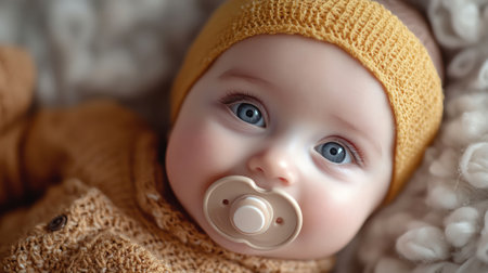Closeup of a smiling baby with a pacifier and a headband, soft focus, warm and cozyの素材