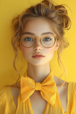 Cute chick with glasses and a big bow tie, standing confidently against a yellow background, quirky and adorableの素材
