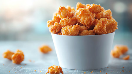 Bucket of crispy fried chicken pieces, with crumbs scattered on a plain white background delicious and invitingの素材