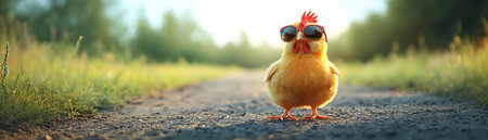 Happy chicken wearing sunglasses, leaping joyfully in a green field, exuding carefree energyの素材
