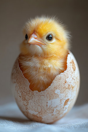Yellow chick peeking out of a cracked eggshell on a clean, white surface against a neutral backgroundの素材