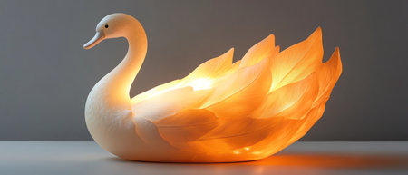 Illuminated swanshaped lamp with elegant feather details, casting a soft, warm glowの素材