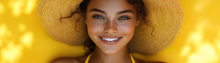 Woman in a yellow bikini and hat, smiling, yellow background, natural light, midshotの素材