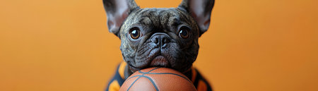 French Bulldog wearing a basketball jersey, playfully dribbling a basketball against an orange backdropの素材