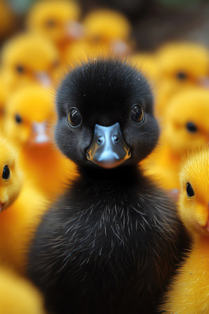 Black duckling standing out among yellow ducklings, all walking in line with a serious expressionの素材