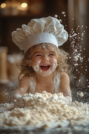 A joyful child in a chef s hat, laughing and covered in flour, bright kitchen setting with warm lightの素材
