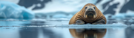 A walrus resting on a floating ice sheet in the Arctic, surrounded by icy waters and glaciersの素材