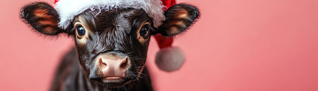 Adorable calf wearing a Santa hat standing against a pink background, closeupの素材