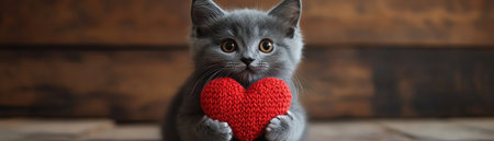 Adorable gray cat holding a red knitted heart, exuding cuteness and affection against a simple backdropの素材